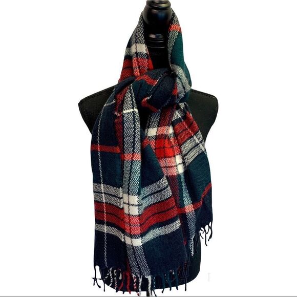 NAVY blue red green white plaid check soft fall winter blanket scarf - Picture 4 of 8